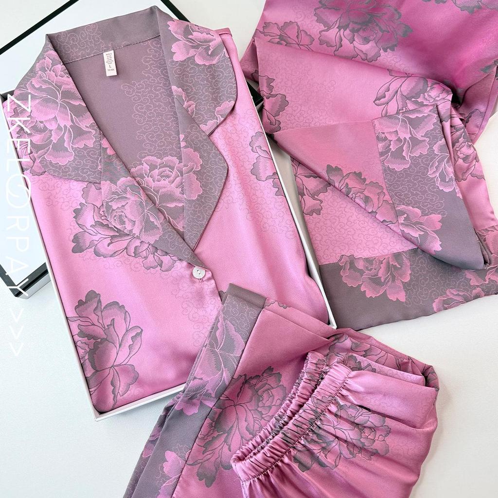 Cationic Chinese Style Ice Silk Jacquard Pajamas Set for Women - Retro Homewear Also Suitable for Outdoor Wear