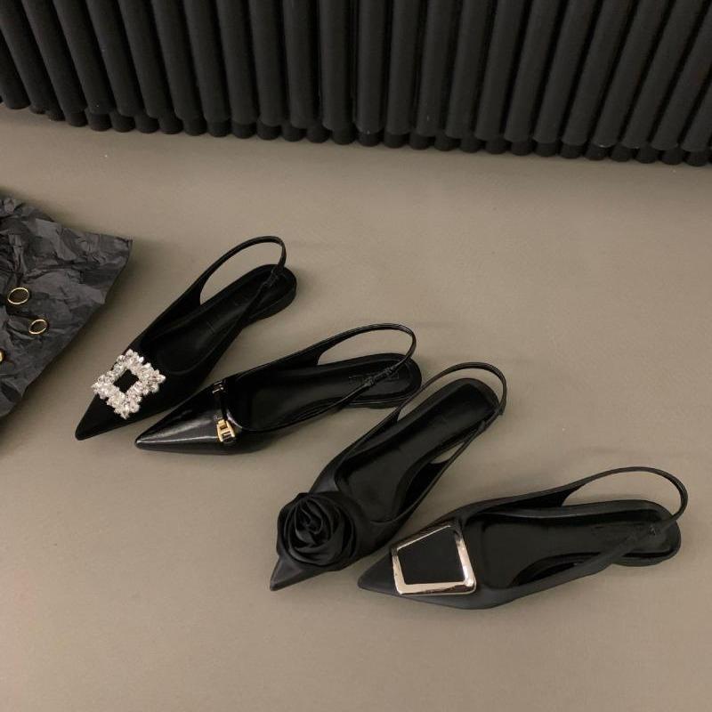 French Flat-soled Black Bag Head Sandals Fairy Shoes 2025 New Spring and Summer Pointed Rhinestone Temperament Single Shoes