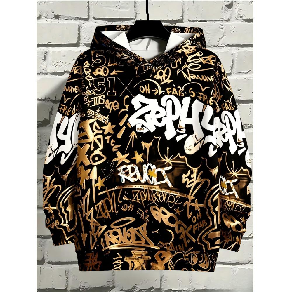 European And American Men's Autumn Gothic Letter Graffiti Print Soft and Comfortable Hooded Sweatshirt Outdoor Street Top