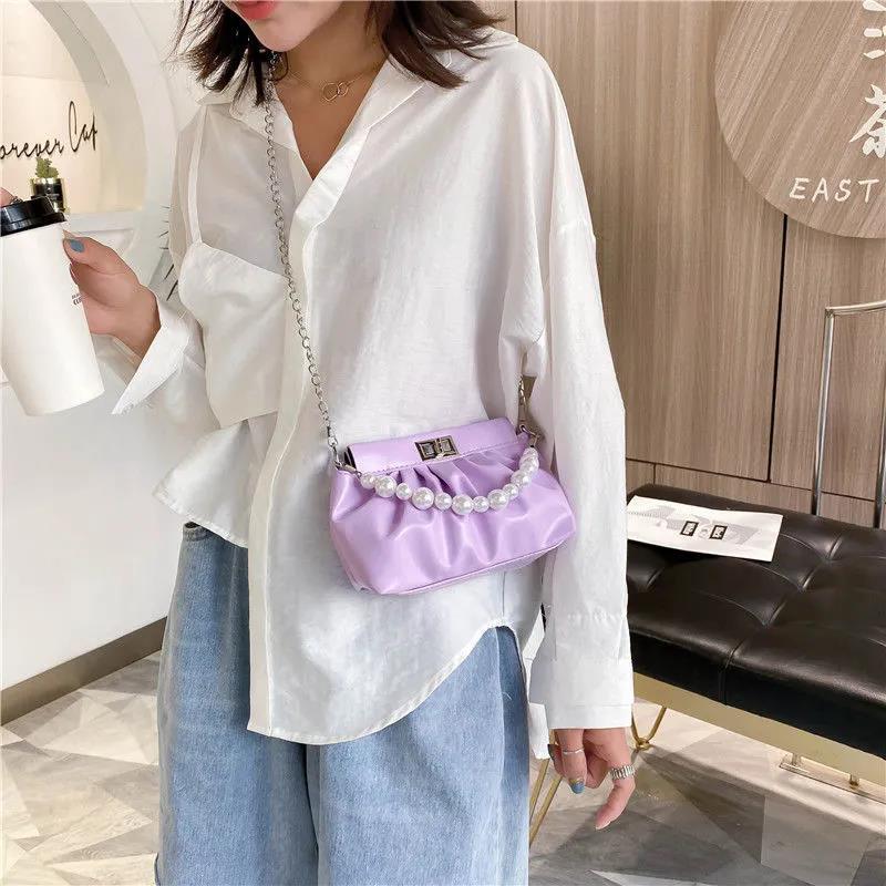 WTEMPO Frauen Vintage Perlen Dekoration Handtasche Weibliche Einfarbig Unterarm Kette Tasche Einzelnen Schulter Party Tasche