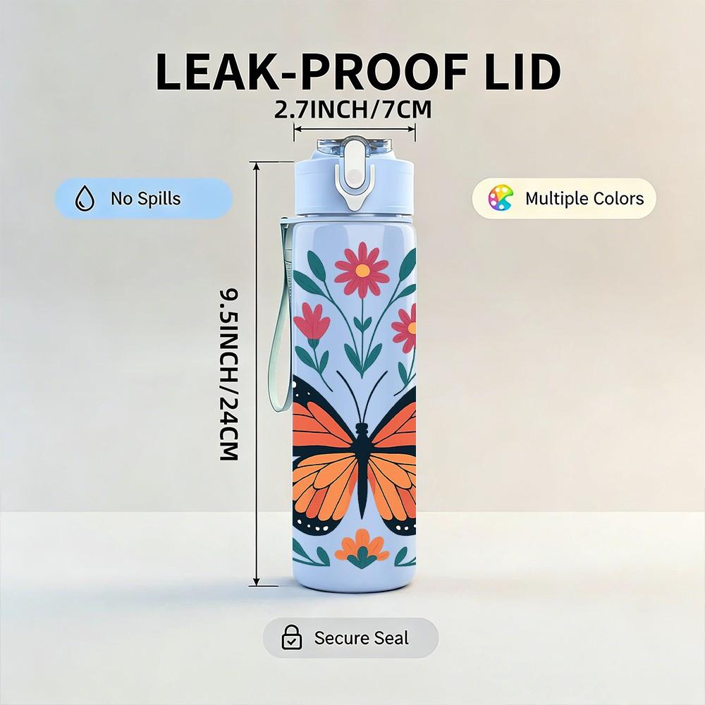 1PC Colorful Butterfly Floral Pattern 750ml Color Plastic Sports Water Bottle Leakproof Flip Straw Lid Suitable for Sports Office Home Use