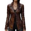 Brown Notch Lapel Faux Leather Blazer Jacket for Women