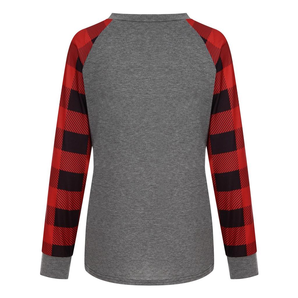 Women's Fashion Plaid Patchwork Christmas Print Round Neck Long Sleeve T-Shirt Top