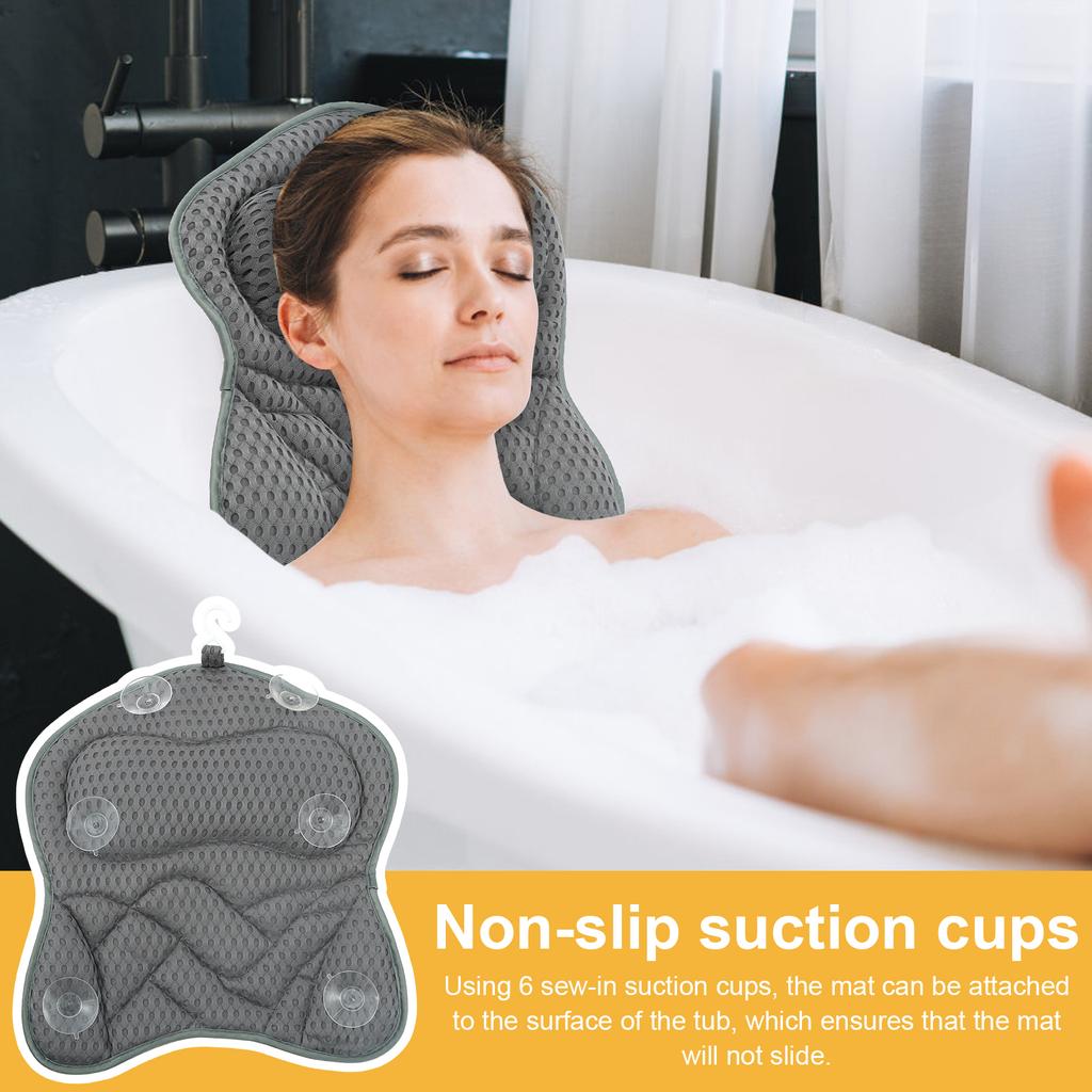 Bath Pillow Polyester Non Slip Bathtub Pillow with 6 Suction Cup and Hook Fast Drying Breathable Bath Neck Pillow Bath Accessory