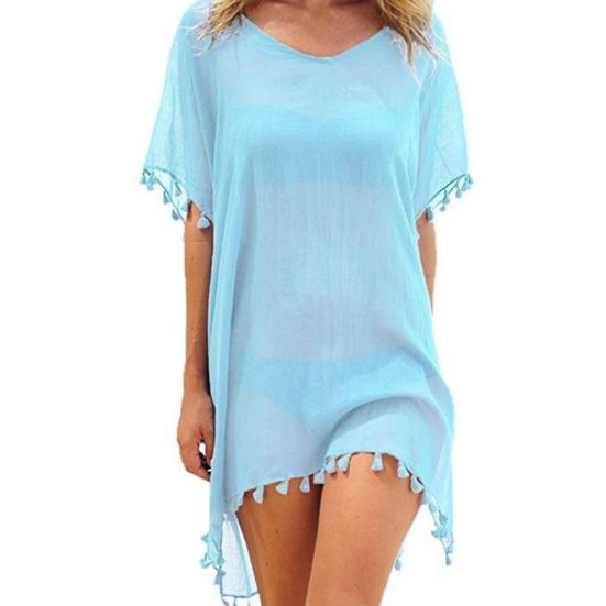 Swimsuit Cover Up Solid Color Loose Bikini Dress See-through Tassel for Holiday
