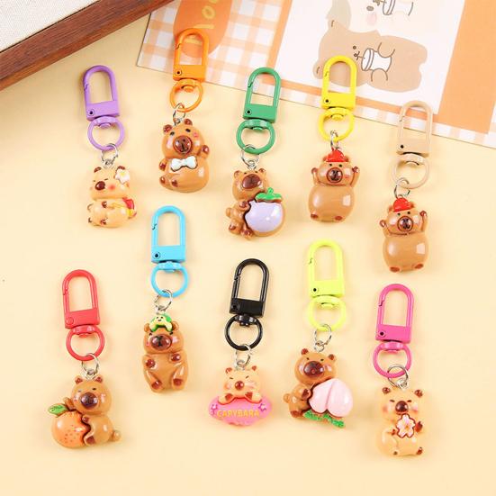 24/50Pcs Capybara Keychains Set Cartoon Resin Doll Charm Keychains Metal Key Ring