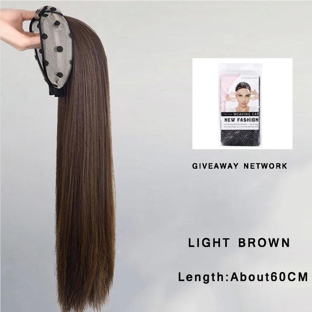 Synthetic Long Wavy Headband Wig Black Brown Women's With Twist Braid Hairband Accessories Natural Half Wig