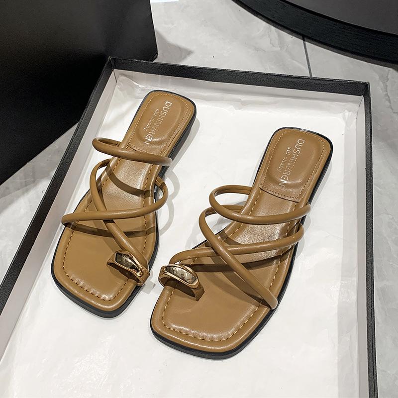 Outer Cover Toe Slippers Women's Summer New Fashion Versatile Thick Bottom Cross Belt Low Heel Beach Sandals
