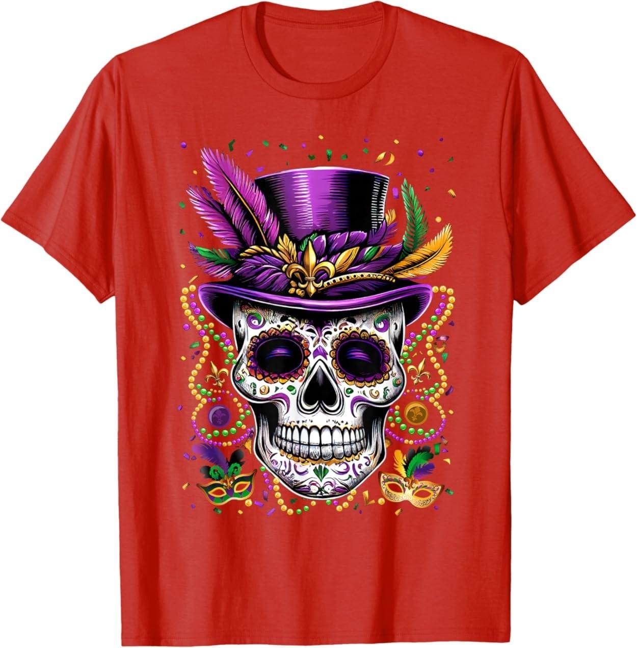 Mardi Gras Skull Top Hat Beads Mask New Orleans Louisiana T-Shirt S