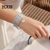 Vintage Inspired Bracelet Women with Portrait Coin Pendant, Multi-Layer Surround Check Pattern Stacking Effect Bangle, Electroplated Elastic Fit Wrist