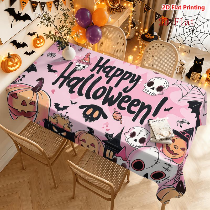 2D Flat 1pc Tablecloth, Halloween-Themed Tablecloth Pattern Featuring Pumpkin Lanterns, Skulls, Bats, Spider Webs, Witch Hats, Ghosts, Black Cats, Can
