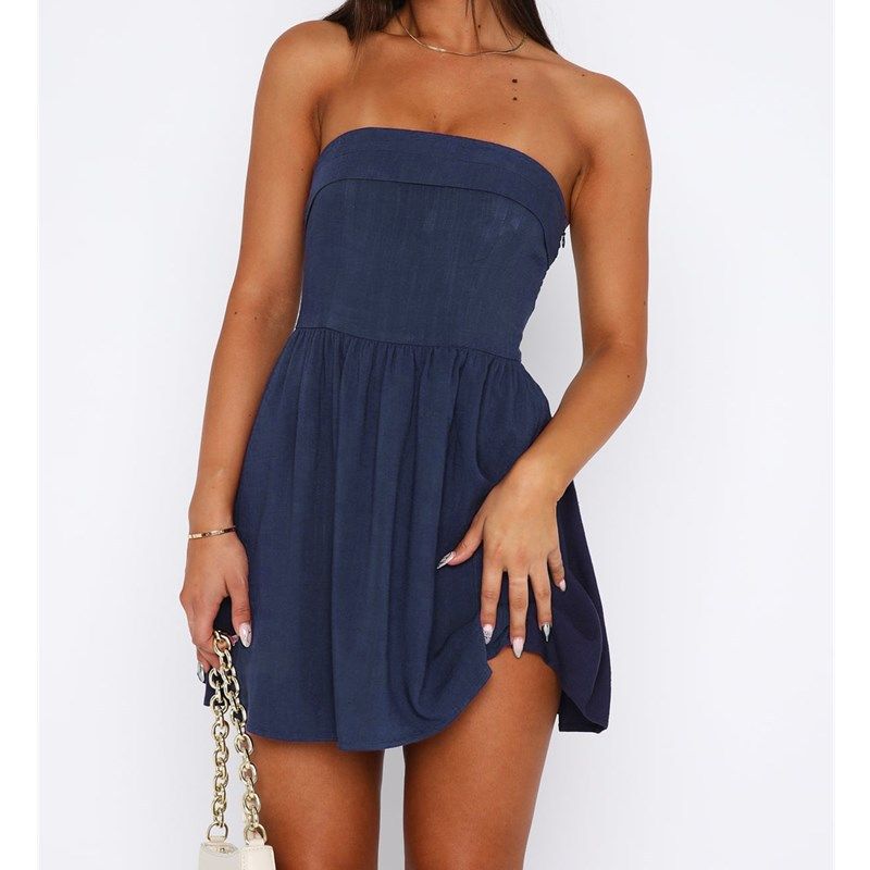 

Large Swing Dress European and American Women s Clothing Summer New Tube Top Short Skirt Open Back Stitching Big Swing Dress Navy blue XL