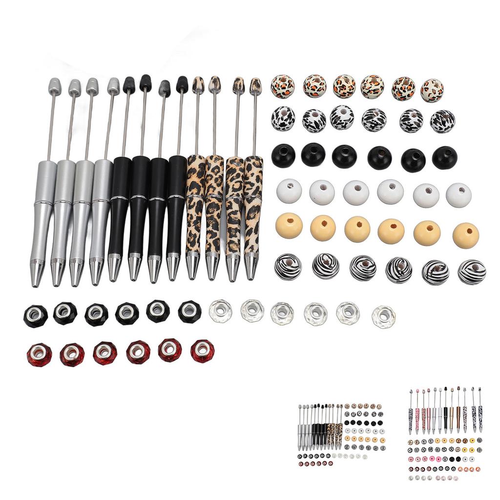 12 Sets Beadable Pens Kit  Assorted Bead Pens Leopard Cow Print Bead Ballpoint Pen for Kids Stude
