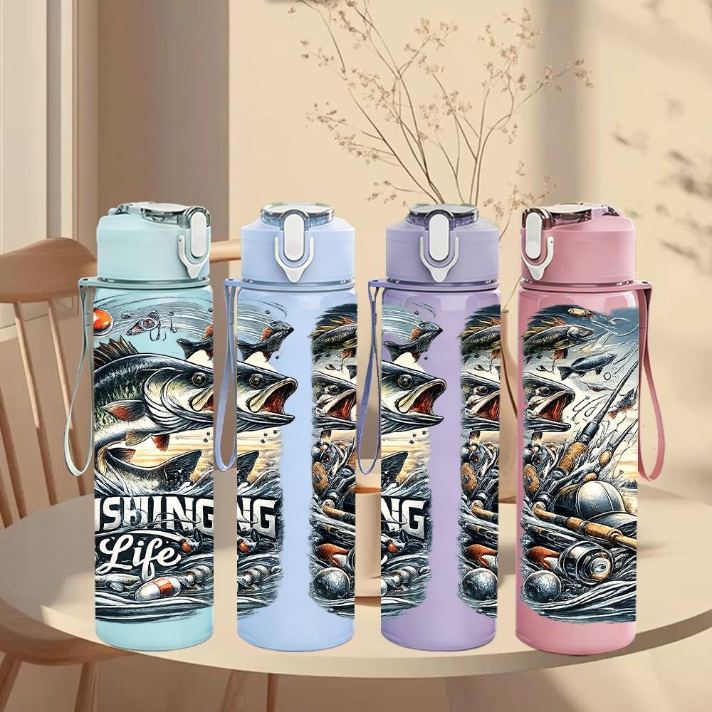 1PC Fishing Bass Fish Outdoor Scene Print 750ml Color Plastic Sports Water Bottle Leakproof Flip Straw Lid Suitable for Sports Office Home Use