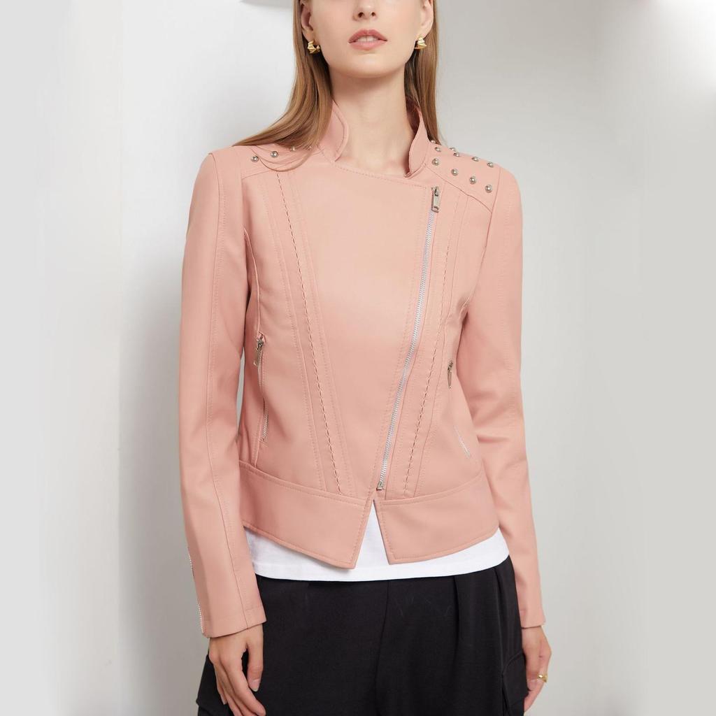 Women Faux Leather Jacket Moto Biker Short Coat PU Motorcycle Racer Lapel Collar Crop Blazer Punk Rock Stylish Outwear with Rivets Fashion Tops Outfit