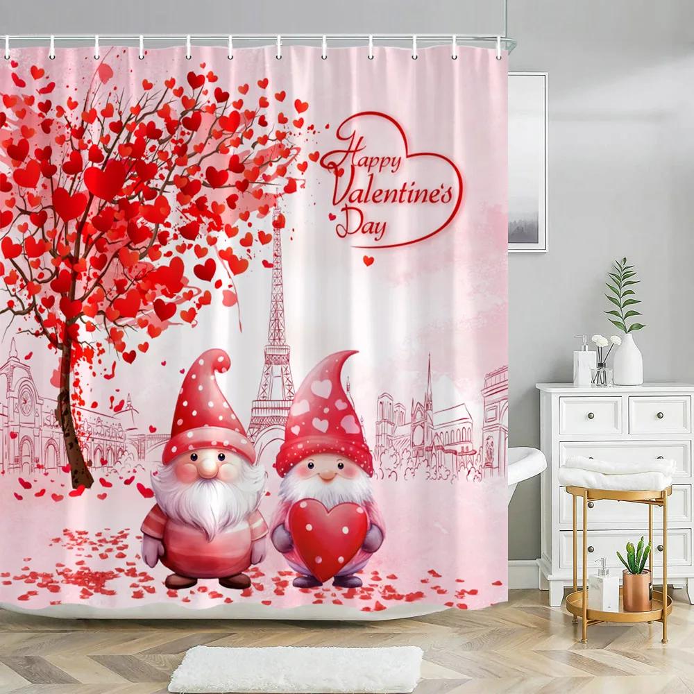 Valentine's Day Shower Curtain Love Tree with Elf Truck Romantic Pink Swing Balloon Love Polyester Printed Fabric Bathroom Decor