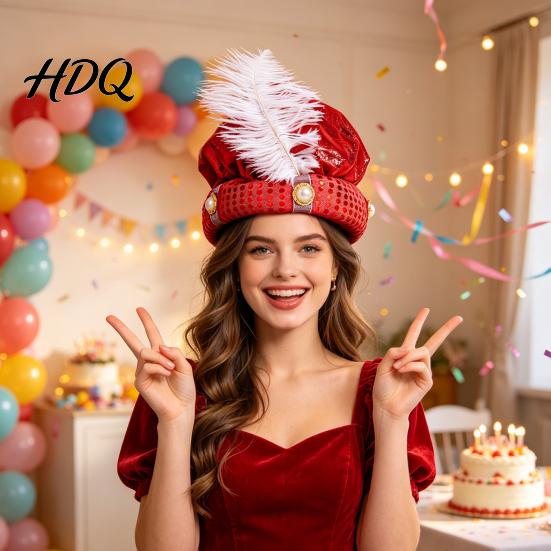 Sparkly Arabian Style Costume Accessory Indian Sultan Hat Shiny Sequins Feather Plume Cap Novelty Festive Holiday Gift for Cosplay Prince Hat Dress