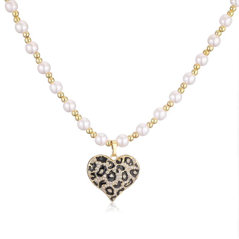 HECHENG Artificial Pearls Beaded Necklace 18K Golden Plated CZ Zircon Heart Leopard Dot Pendant Necklace Ladies Jewellery Other