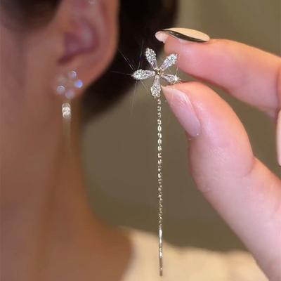 Women Earrings Linear Earrings Long Tassel Flower Shape Shiny Cubic