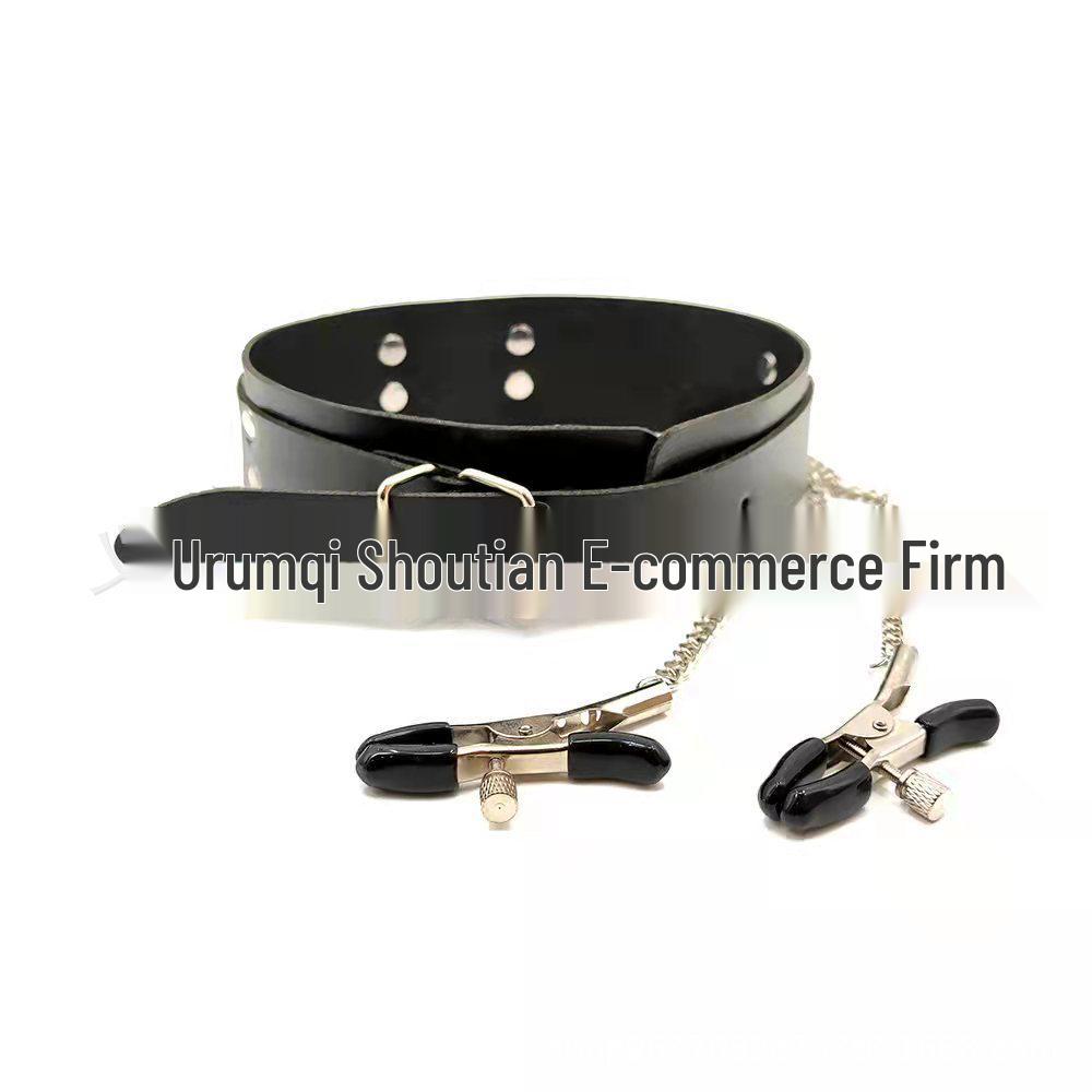 Leather Women's Bondage Choker with Nipple Clamps - Erotic Flirtatious Adult Toys.