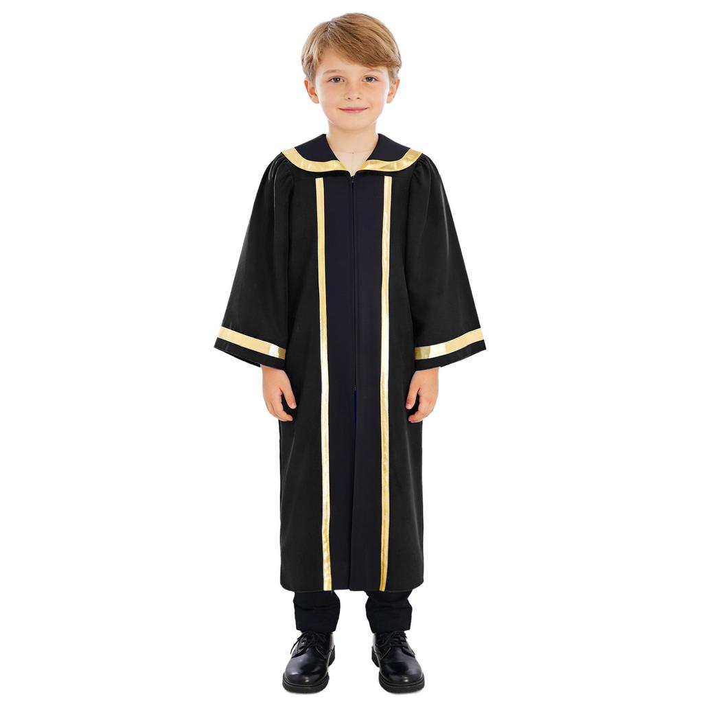 Halloween Cosplay Choir Gown for Kids Turn Down Collar Long Sleeve Front Zipper Metallic Color Block Trim Party Robe