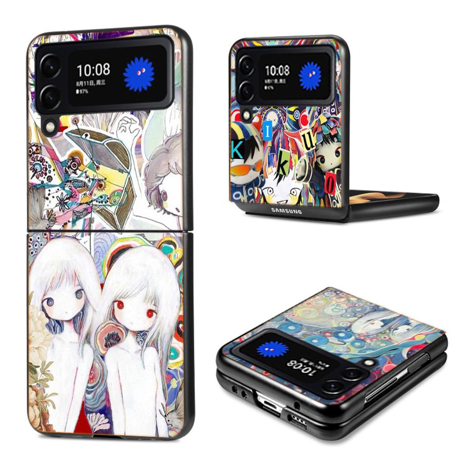 K-KikuoS Art Cute Phone Case For Samsung Z Flip 7 6 5G Galaxy Z Flip4 Z Flip5 Z Flip3 Coque Black Hard PC Shell Protective Cover