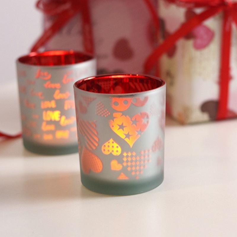 1 szt. Kieliszek na świecę w kształcie serca Czerwony napis Świecznik Dekoracja stołu na przyjęcie Szklany kieliszek na świecę Prezent