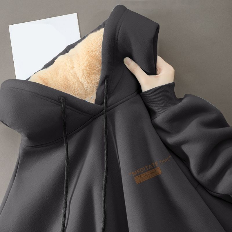 Парный осенне-зимний худи-пуловер свитер флисовая подкладка теплоизоляция однотонный шнурок и эластичные манжеты для женщин осенне-зимний топ XL 2250₽