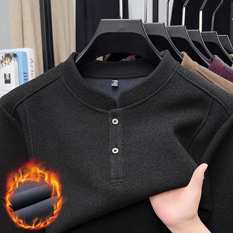 Men's Solid Color Fleece-Lined Sweatshirt, 2025 Autumn/Winter Collection - Thick, Double-Sided German Fleece, Round Neck, Casual Warm Base Layer