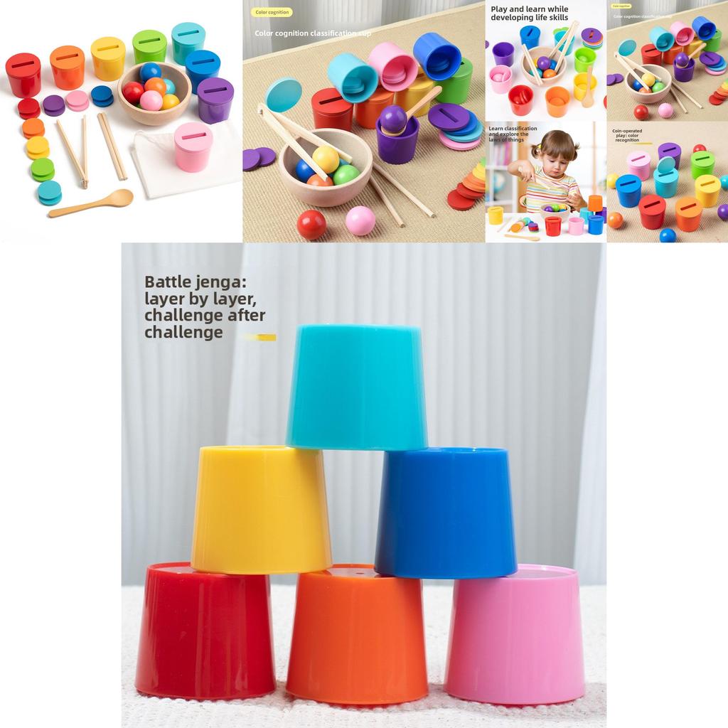 Tazas de Clasificación de Reconocimiento de Color de Madera Para Aprendizaje Temprano y Juguete Educativo para Niños