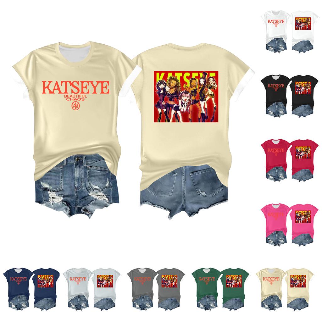 Kvinners avslappet trykket t-skjorte rund hals genser kort ermet topp