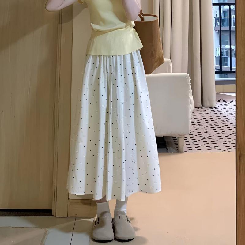 Women's Summer Blue Polka Dot High-Waisted A-Line Versatile Simple Slimming Mid-Length French Style Umbrella Skirt Trendy