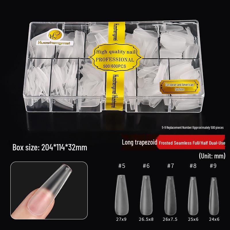 European & American Frosted Long Trapezoid Seamless Abrasive Nail Tips - Full & Single Numbers for Nail Salons