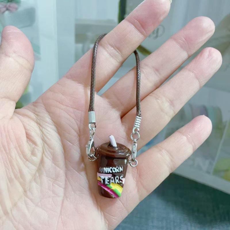Mini Cartoon Rainbow Milk Tea Cup Pendant with Lanyard