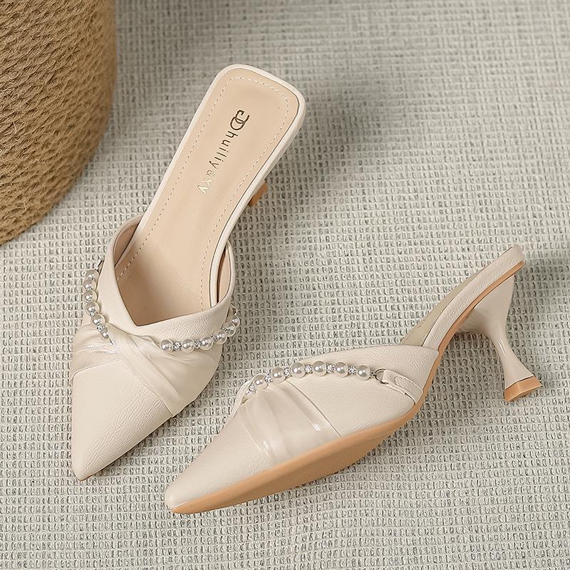 Huiliya Baotou Pointed Toe Women's Pearl Chunky Heel Mules 912-D86