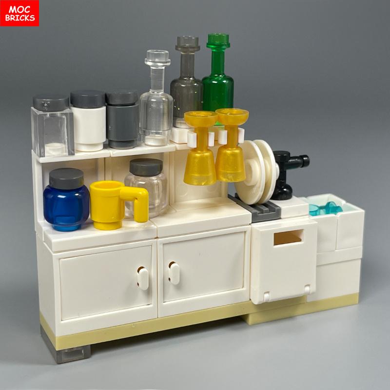 MOC Blocks Kitchen Cabinet Tableware Tool Coffee Maker Machine Water Dispenser Cooking Bench Learning Construction Block Children Toy