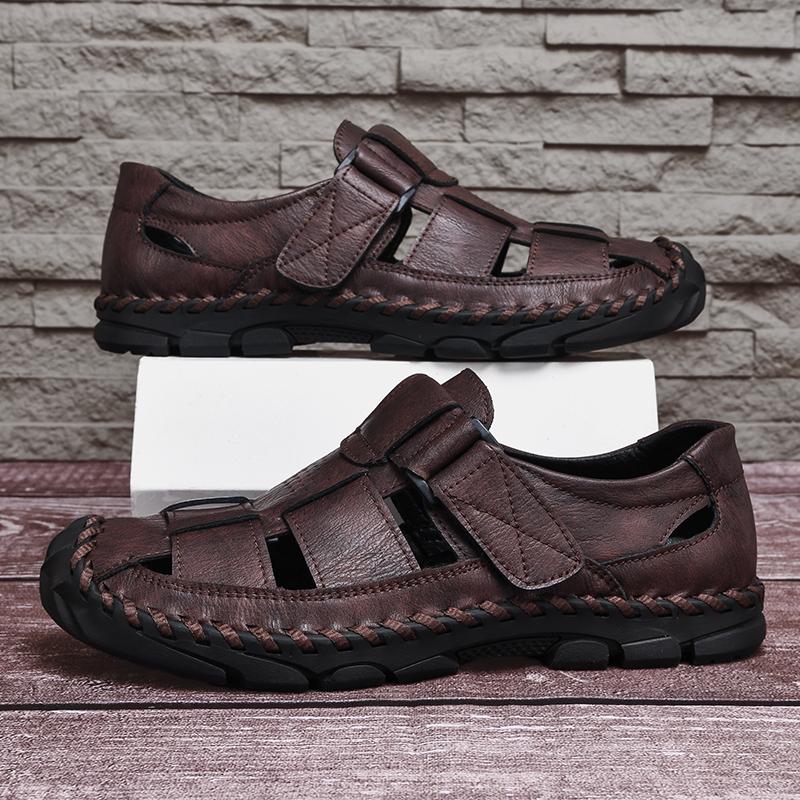 Fashion Breathable Man Summer Flats Fashion Wrap Toes Hollow Out Sandals Casual Leather Sandals for Men Outdoor Soft Loafers Beach Flats