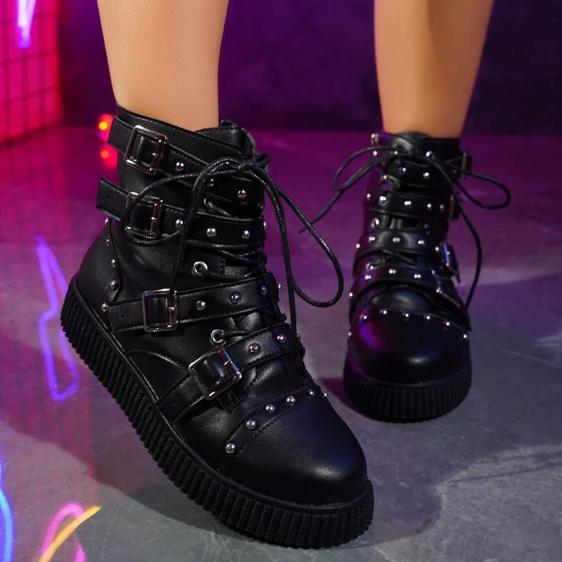 Fashion Spring New Flat Boots Women Fashion Round Head Rivet Front Lacing Side Zipper Anti-slip Wear-resistant Short Boots