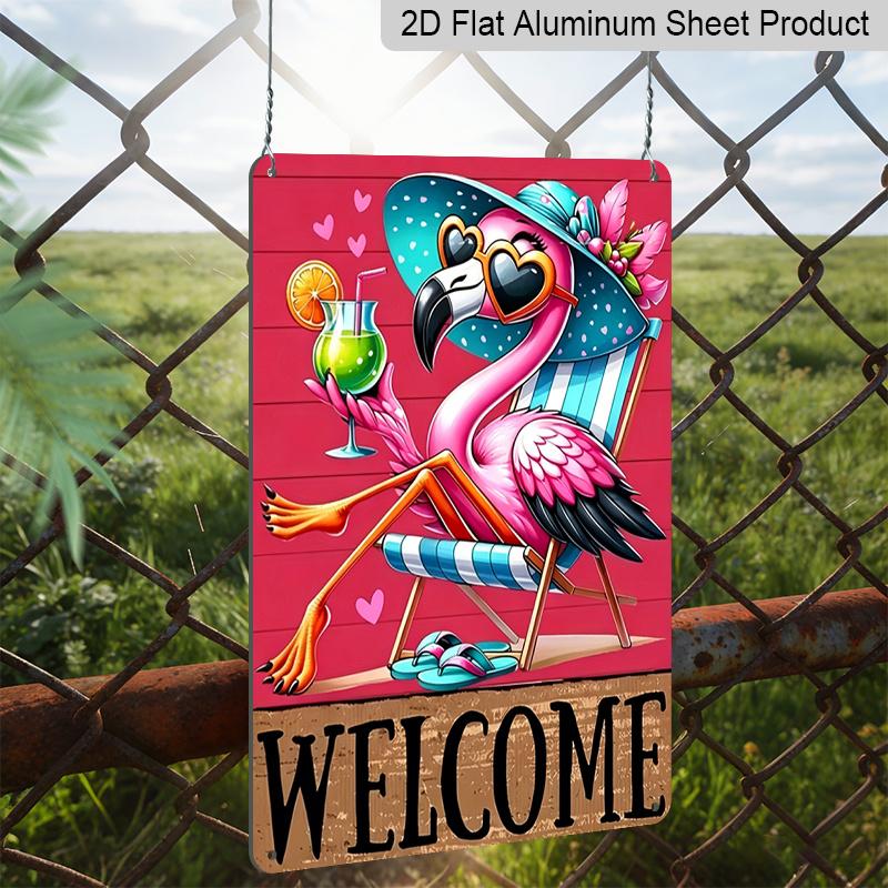 2D Country Modern English Aluminium Plaque Metal Sign, 8X12 Inch, "Welcome" Tropical Flamingo Beach Theme, Wall Decor, Summer Art for Home, Porch