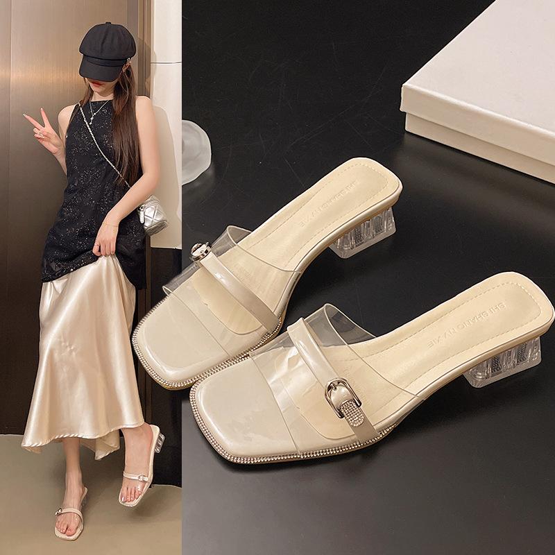 Sandalen mit hohen Absätzen Damen Sommer 2025 neue Mode transparent mittelabsatz Kristallschuhe Mode klobige Absätze Außenpantoffeln