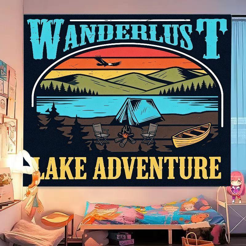 Outdoor Adventure Tapestry?- Retro Sunset Camping Scene Decor