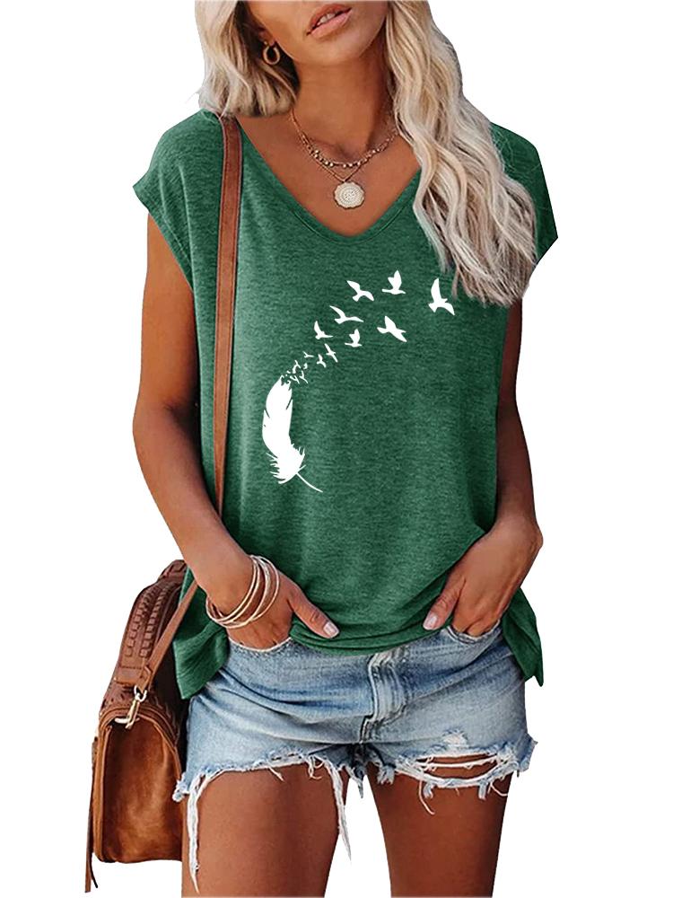 Women Print T-shirt Summer Fashion V Neck Short Sleeve Top Ladies Casual Tee Shirt