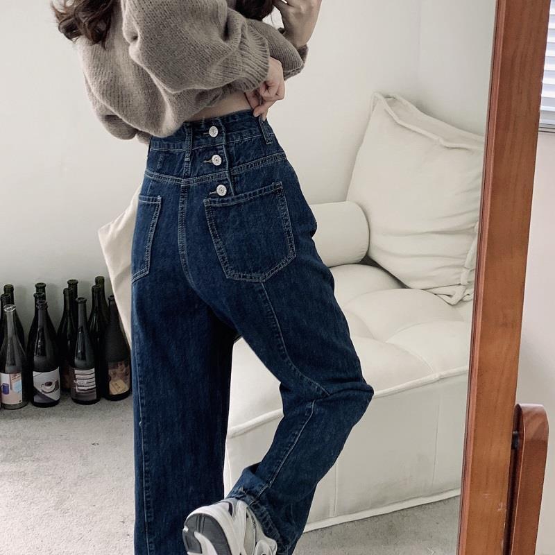 2024 Women's High-Waist Wide-Leg Straight Jeans in Dark Blue - Trendy and Versatile