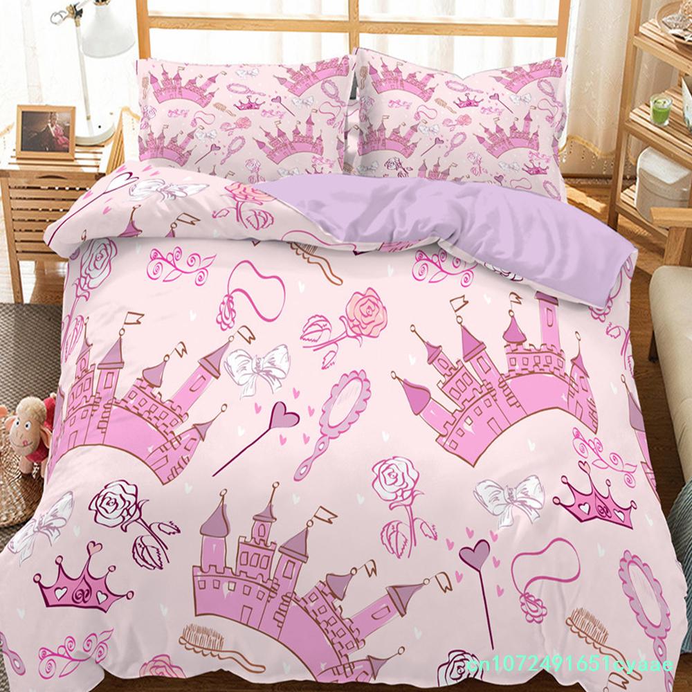 Kids Cartoon Duvet Cover Set Full/Queen Microfiber 3D Bedding Set Soft Pink Castle Princess Comforter Cover With Home Textile
