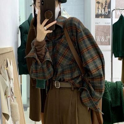 Chemise à carreaux Vintage pour femmes, chemisier surdimensionné, mode coréenne, haut à manches longues, élégant, vert, vêtements de printemps Y2k Preppy
