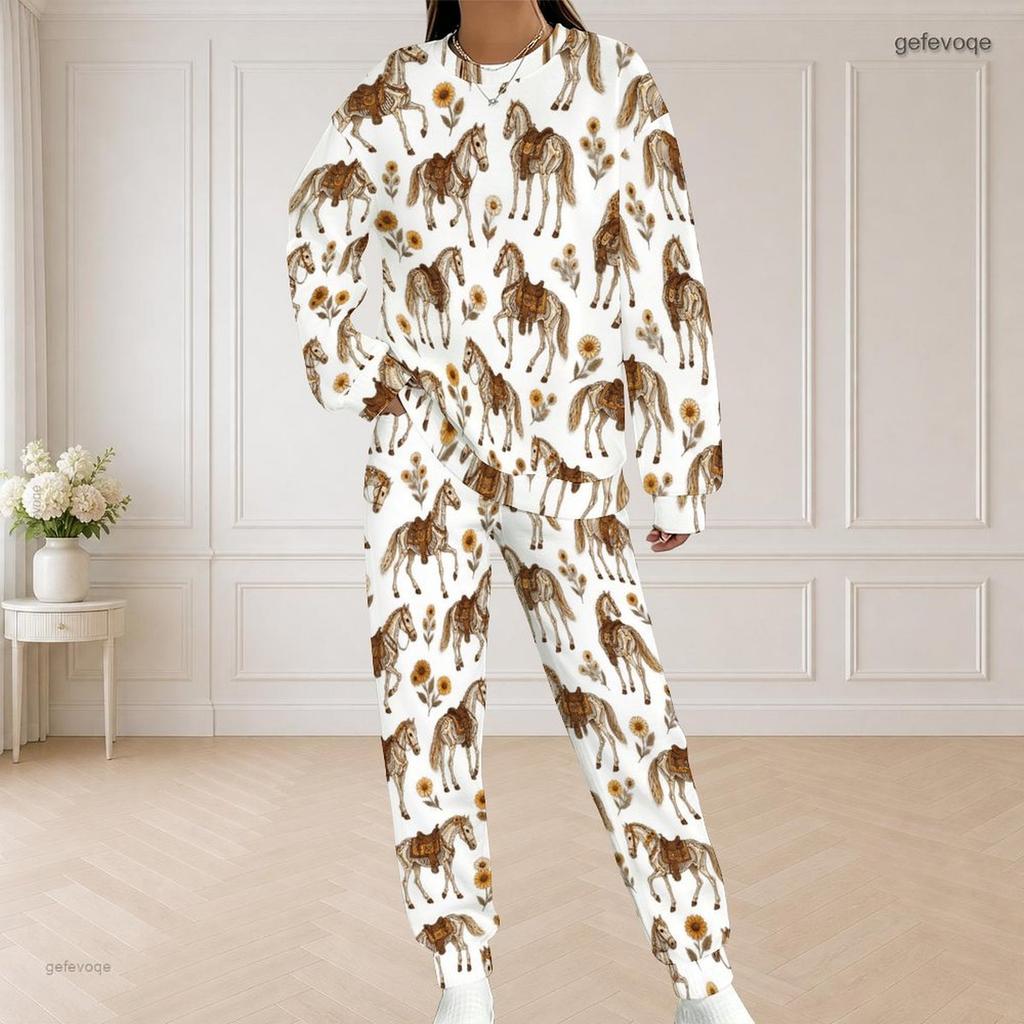 Women Plus Size Printed Round Neck Long Sleeve Top With Pockets And Long Pants Set