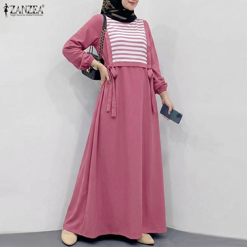 ZANZEA Women Casual Round Neck Long Sleeve Loose Stripe Patchwork Long Dress S