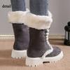 Damen Warme Faux Fur Fleece Gefütterte Faux Wildleder Klobiger Absatz Plateau Schlupfstiefel Schnürung Runde Zehenpartie Mid-Calf Winter Schneestiefel