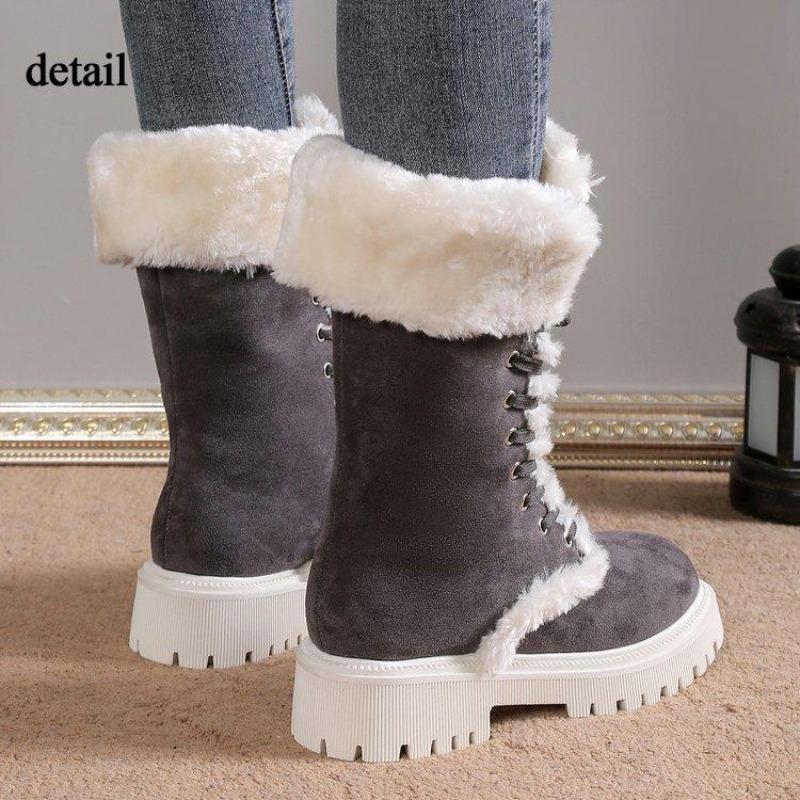 Damen Warme Faux Fur Fleece Gefütterte Faux Wildleder Klobiger Absatz Plateau Schlupfstiefel Schnürung Runde Zehenpartie Mid-Calf Winter Schneestiefel