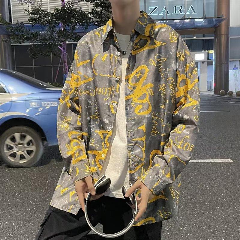 Summer New Youth Students Hong Kong Style Full Printed Short-Sleeved Shirt Korean Style Shirt Men's Long Sleeve Casual Top Shirt Coat